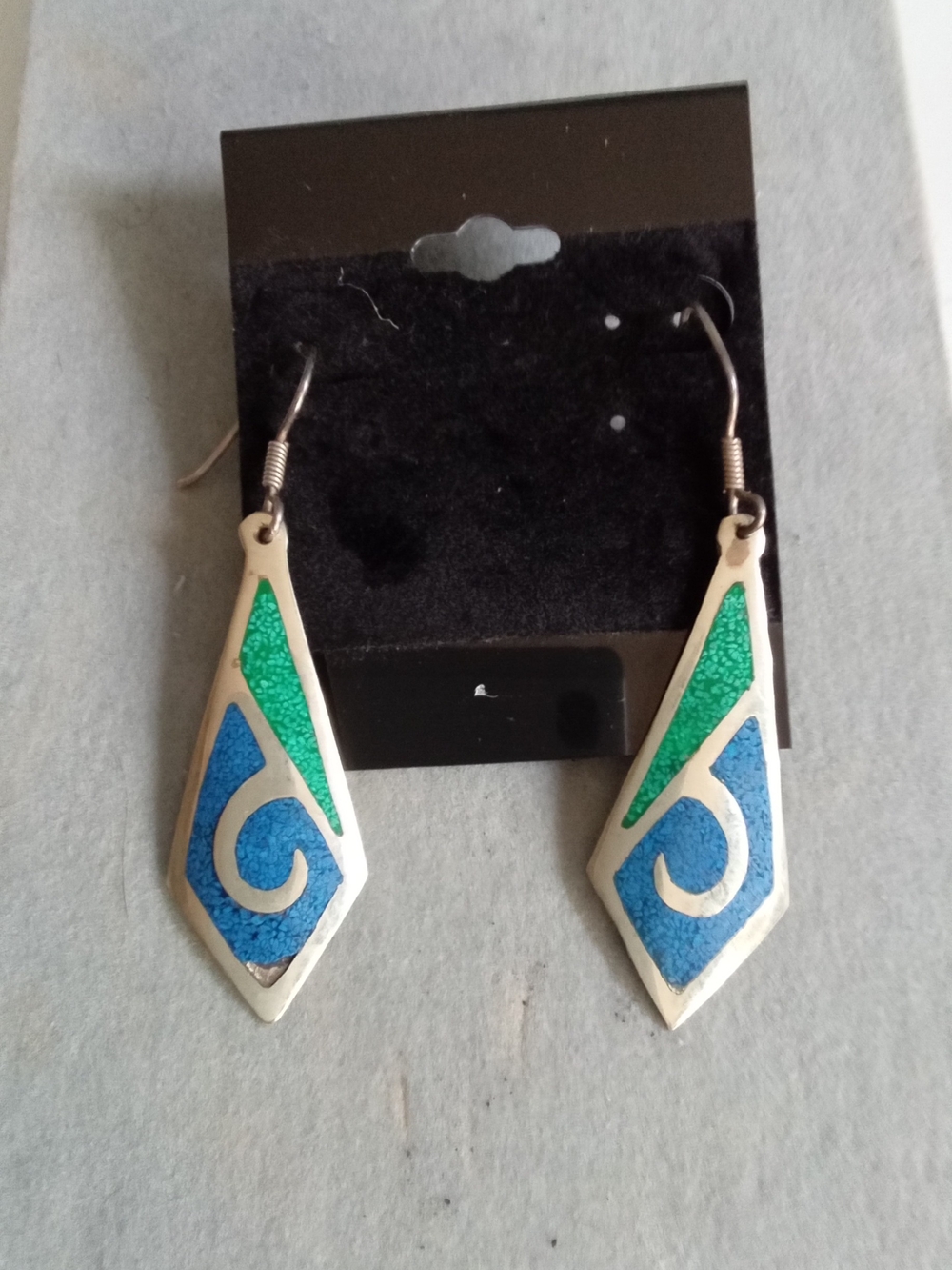 Vintage Mexican Silver Inlay Drop Earring Blue Green Geometric Dangle Taxco Styl